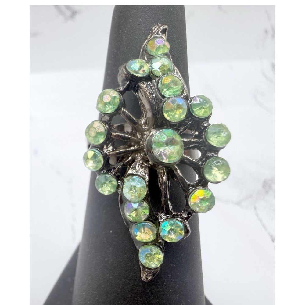 Gunmetal Gray Green AB Stone Adjustable Ring Size 5.5 6 New unworn